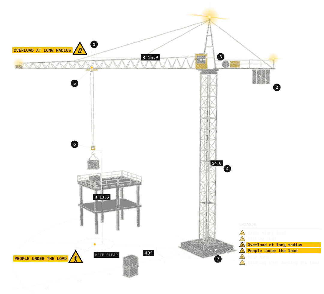Pencil-style drawing of a tower crane moving a load