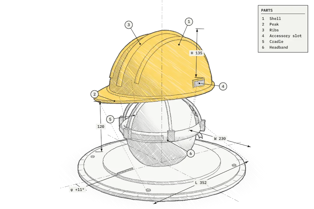 Pencil-style drawing of a safety helmet; the shell lifts to show the harness inside