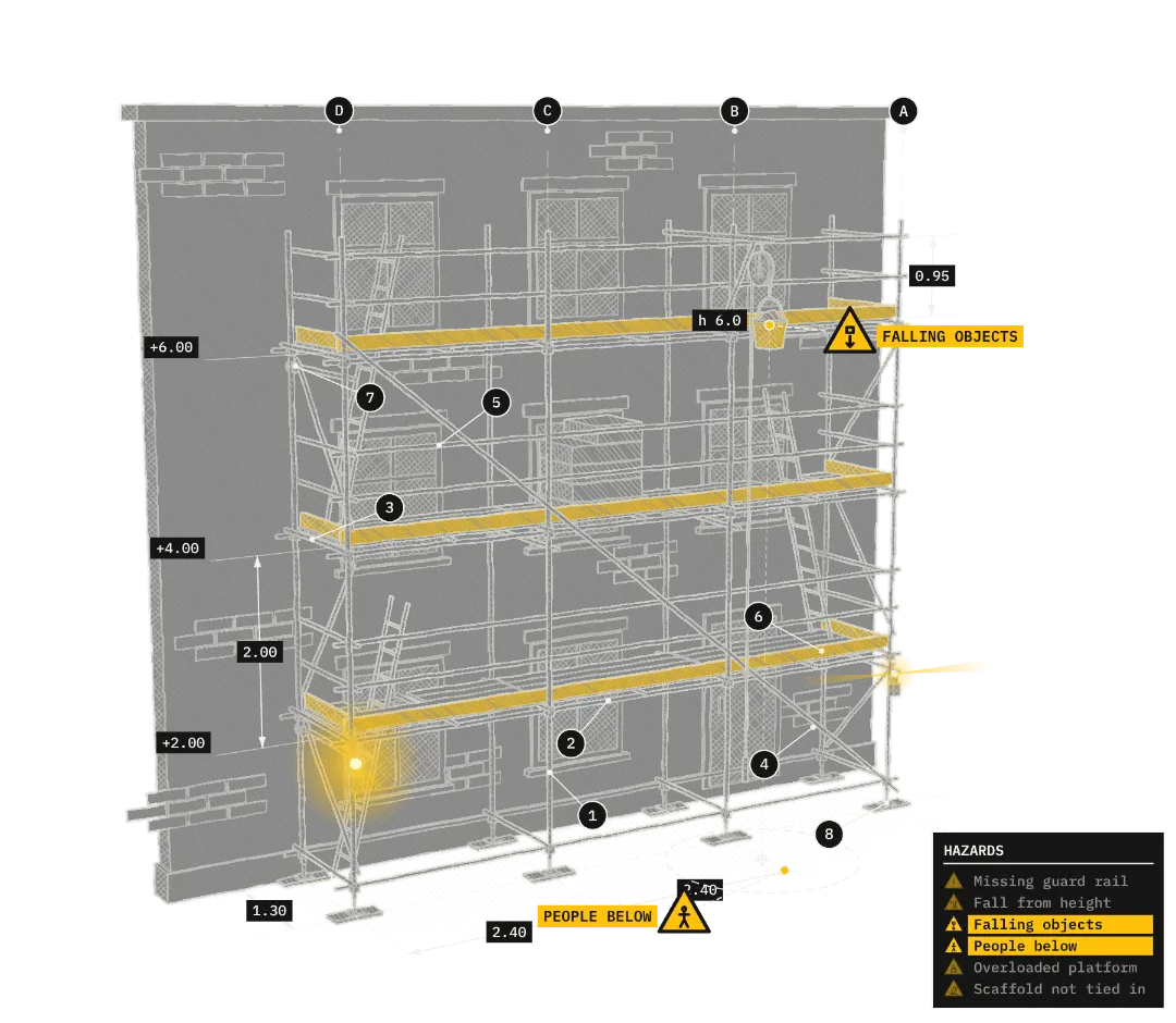 Pencil-style drawing of a scaffold on a house front